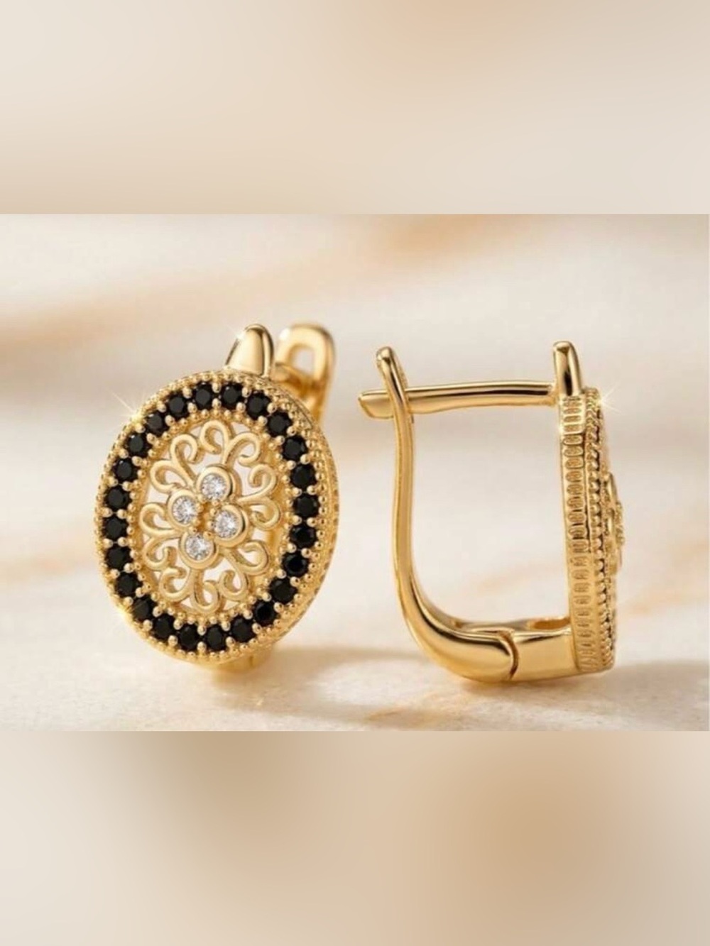Gold Plated Black & Clear CZ Drop Earrings | Antique Byzantine Style